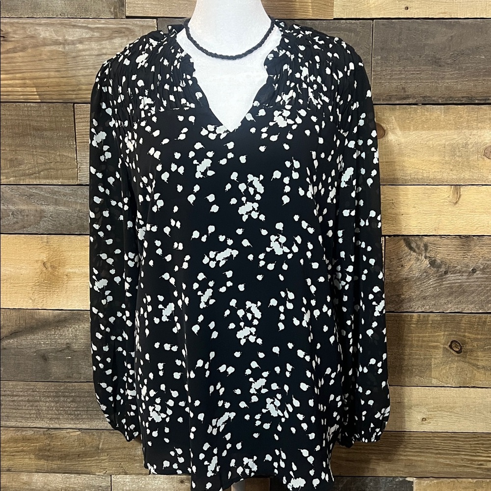 Blouse Black White print  Large, Long Sleeve